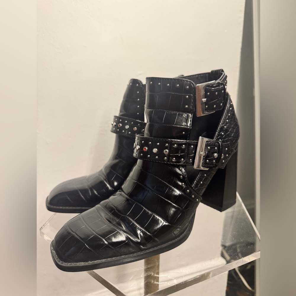 Black Croc-Embossed Ankle Boots
